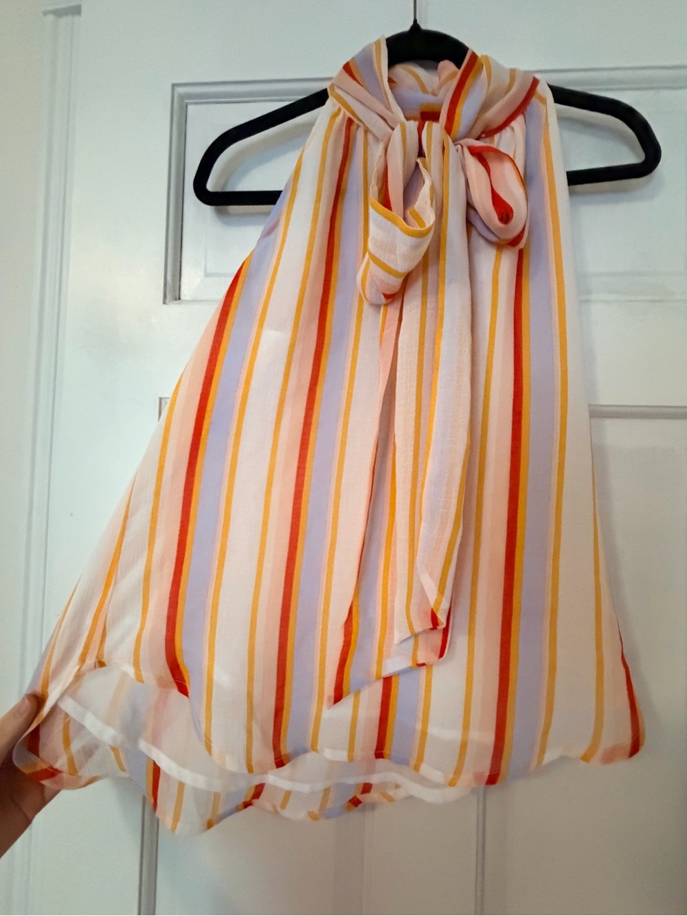 Striped Tie-Neck Sleeveless Blouse in Ivory with Warm Stripes
